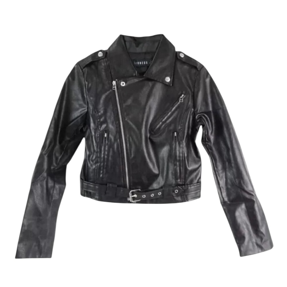 Lioness Zeppelin Black Faux Leather Belted Cropped Moto Jacket - L